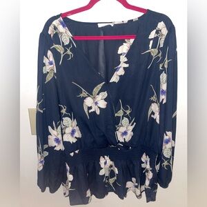 Lush Navy Floral Wrap-Front Peplum Blouse